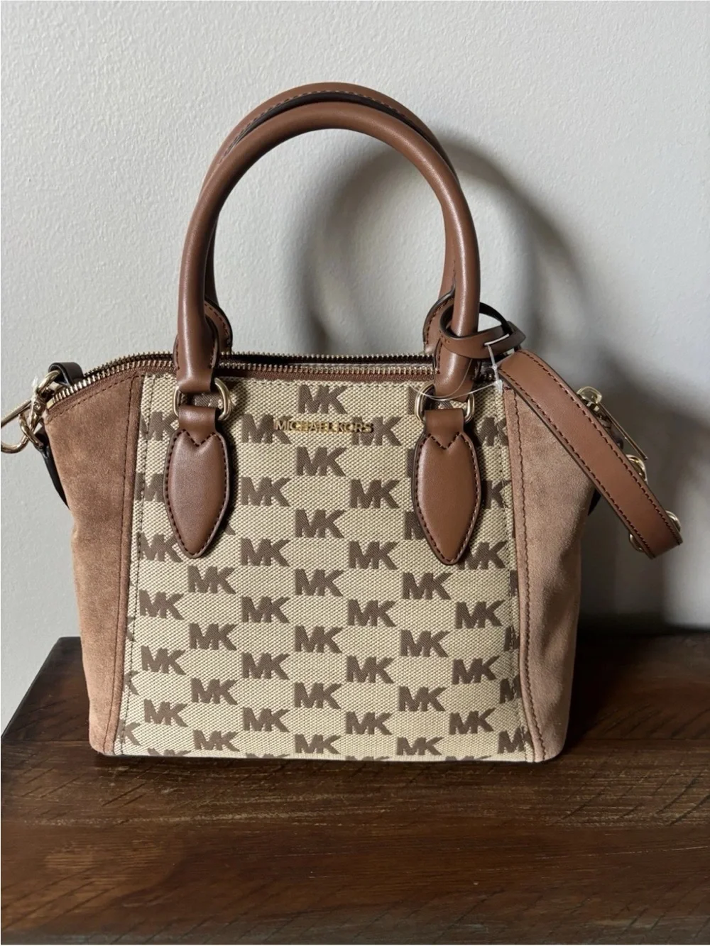 Michael Kors Tan and Brown MK Logo Satchel with Suede Panels